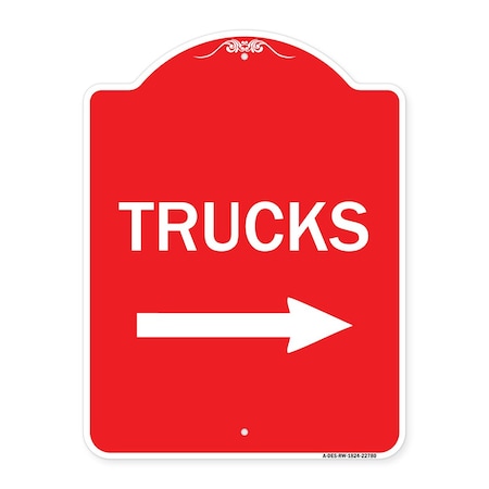 Trucks Sign Trucks With Right Arrow, Red & White Aluminum Architectural Sign
